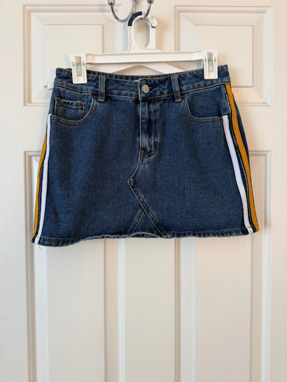 Y2K Style PacSun Dark Wash Denim Mini Skirt with Yellow & White Side Stripes